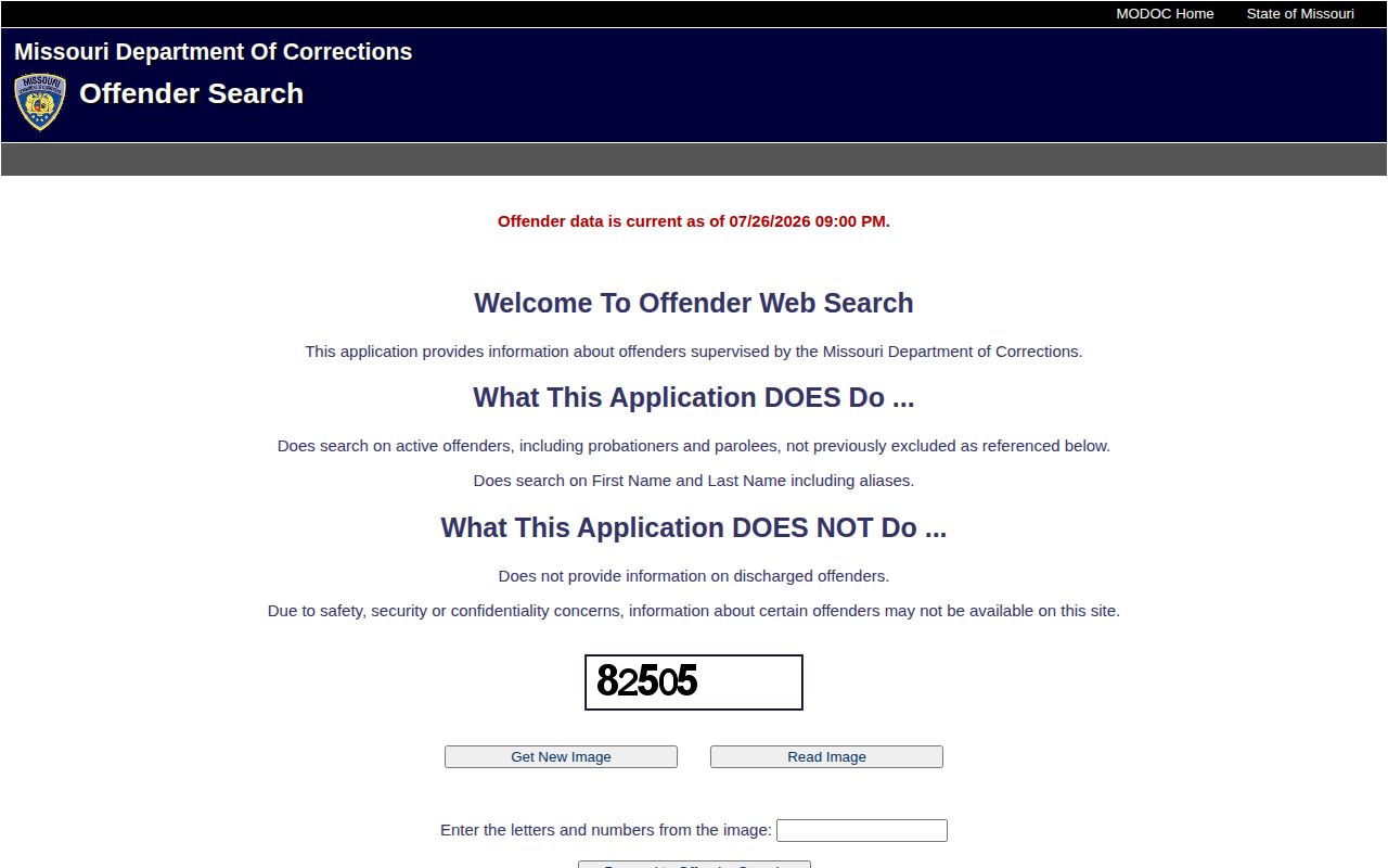 Daviess County released inmate search fields in Missouri Offender Search