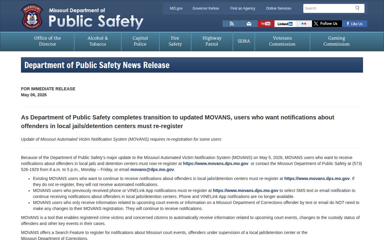 Daviess County VINELink to MOVANS release alert transition